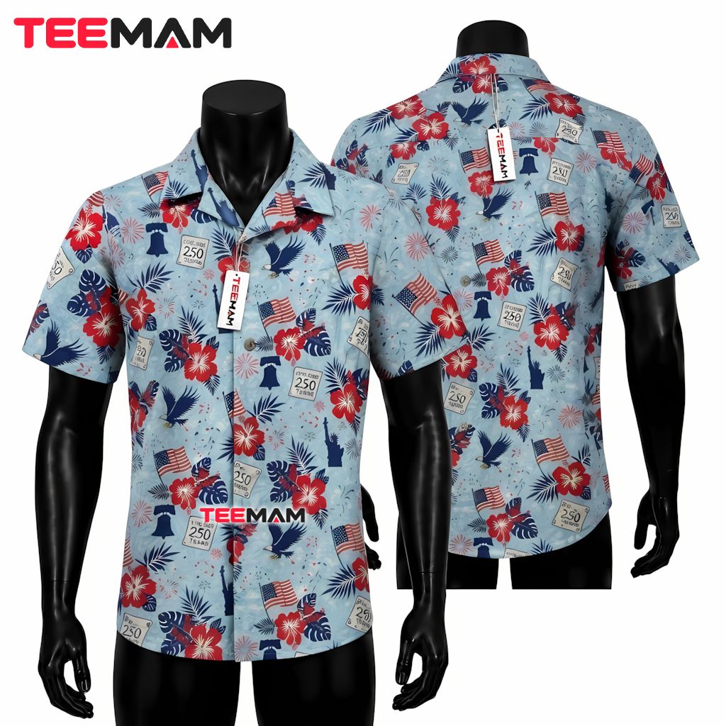 250 Years America Aloha Shirt Hibiscus Eagle Flag Tropical Print Front