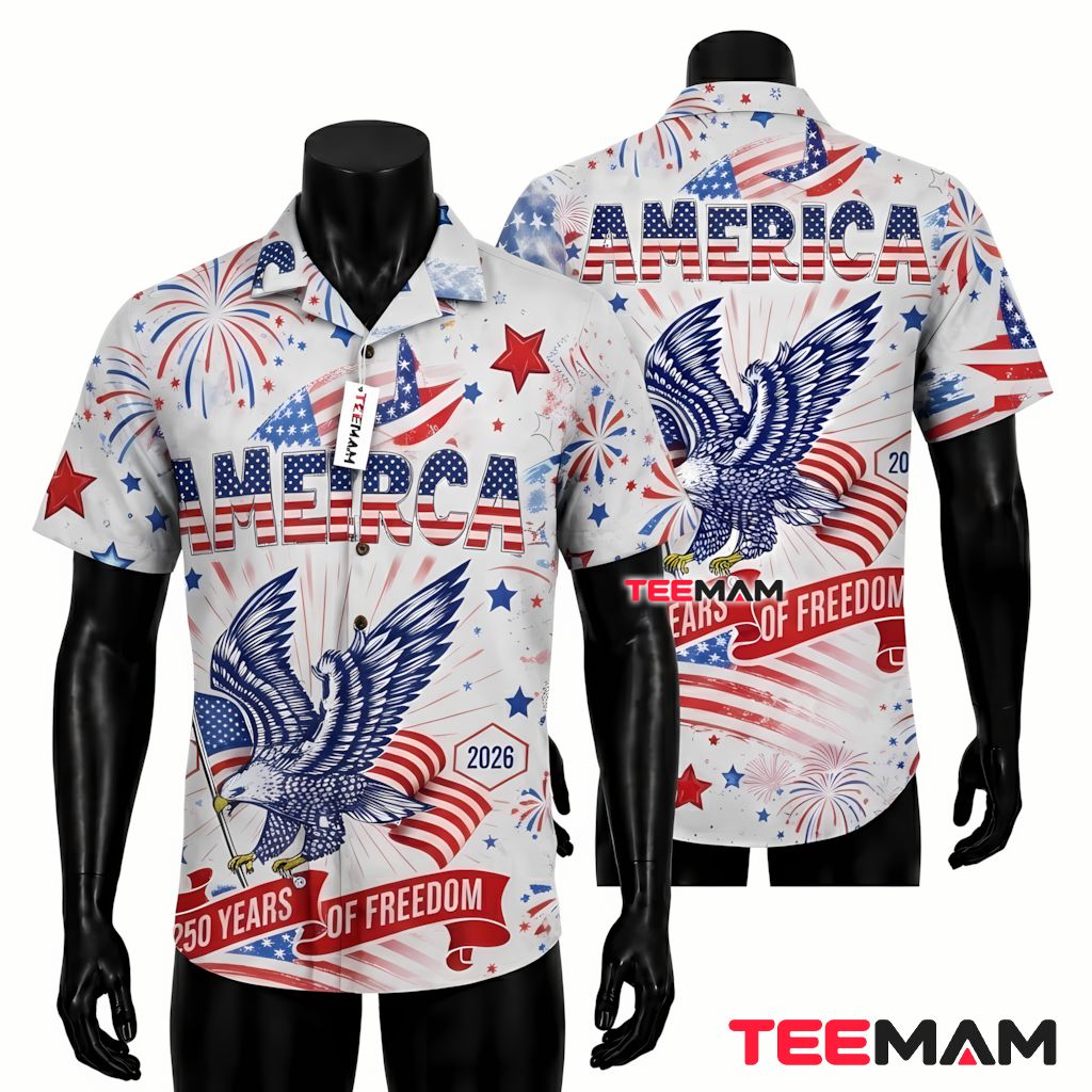 America 250th Anniversary Hawaiian Shirt Bald Eagle Flag Banner Front