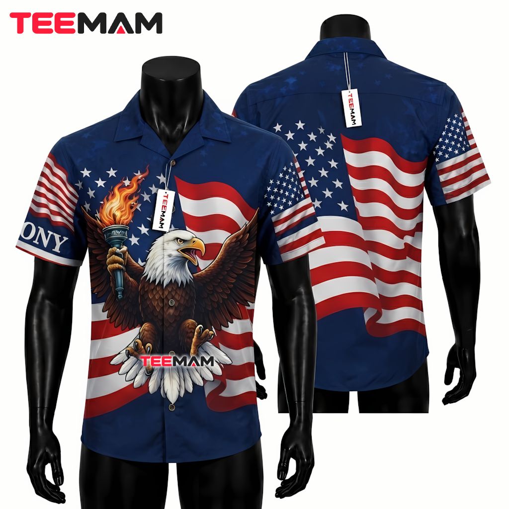 Bald Eagle Aloha Shirt Torch Flame American Flag Waving Front