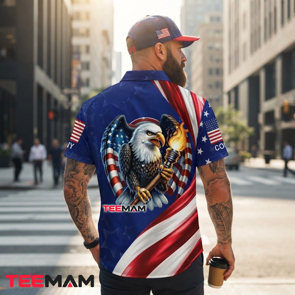 Bald Eagle Aloha Shirt Torch Flame American Flag Waving Version 3 Bald Eagle Aloha Shirt Torch Flame American Flag Waving Version 3