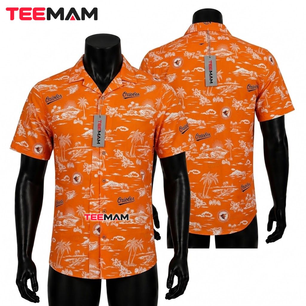 Baltimore Orioles Aloha Shirt Island Palm Sunset Print Front