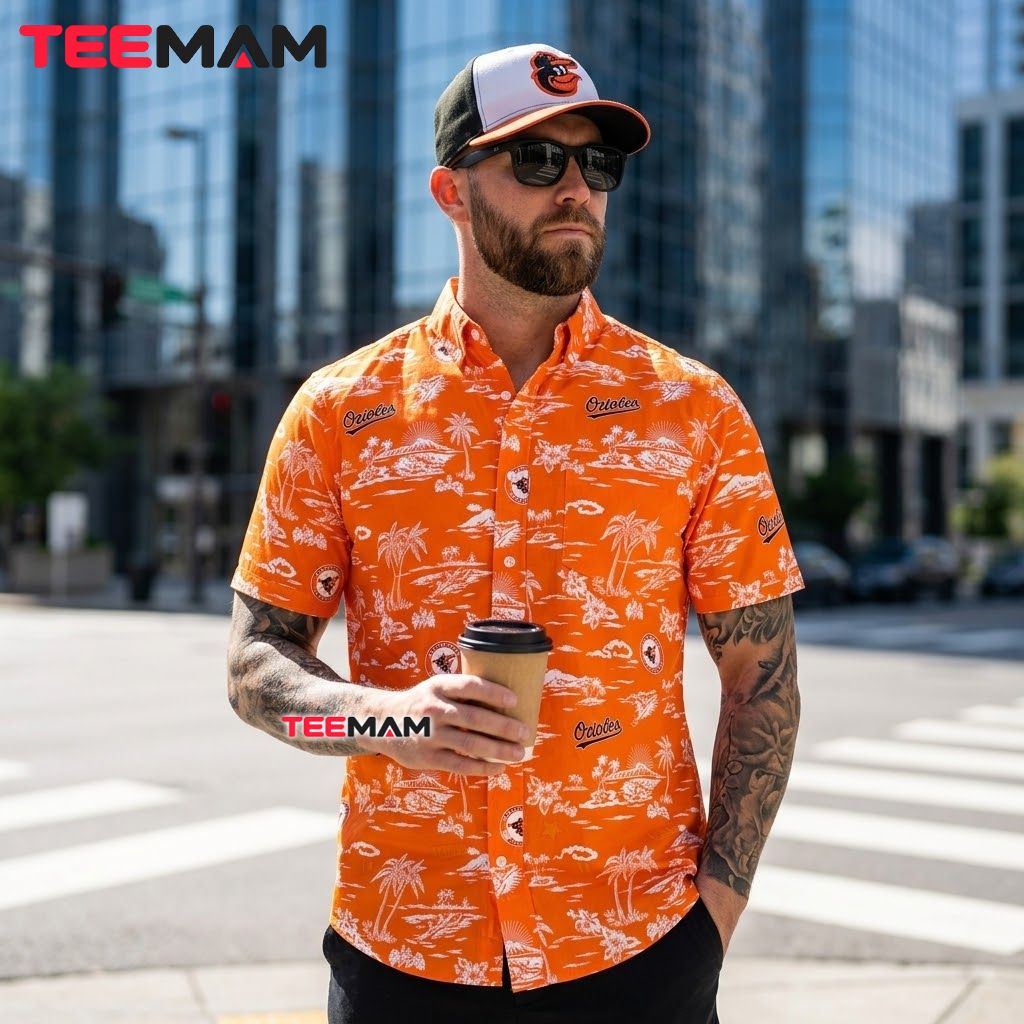 Baltimore Orioles Aloha Shirt Island Palm Sunset Print Back Baltimore Orioles Aloha Shirt Island Palm Sunset Print Back