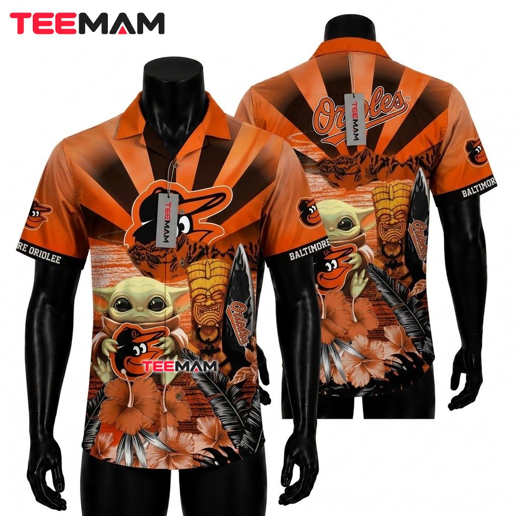 Baltimore Orioles Aloha Shirt MLB Baby Yoda Tiki Surfboard Front