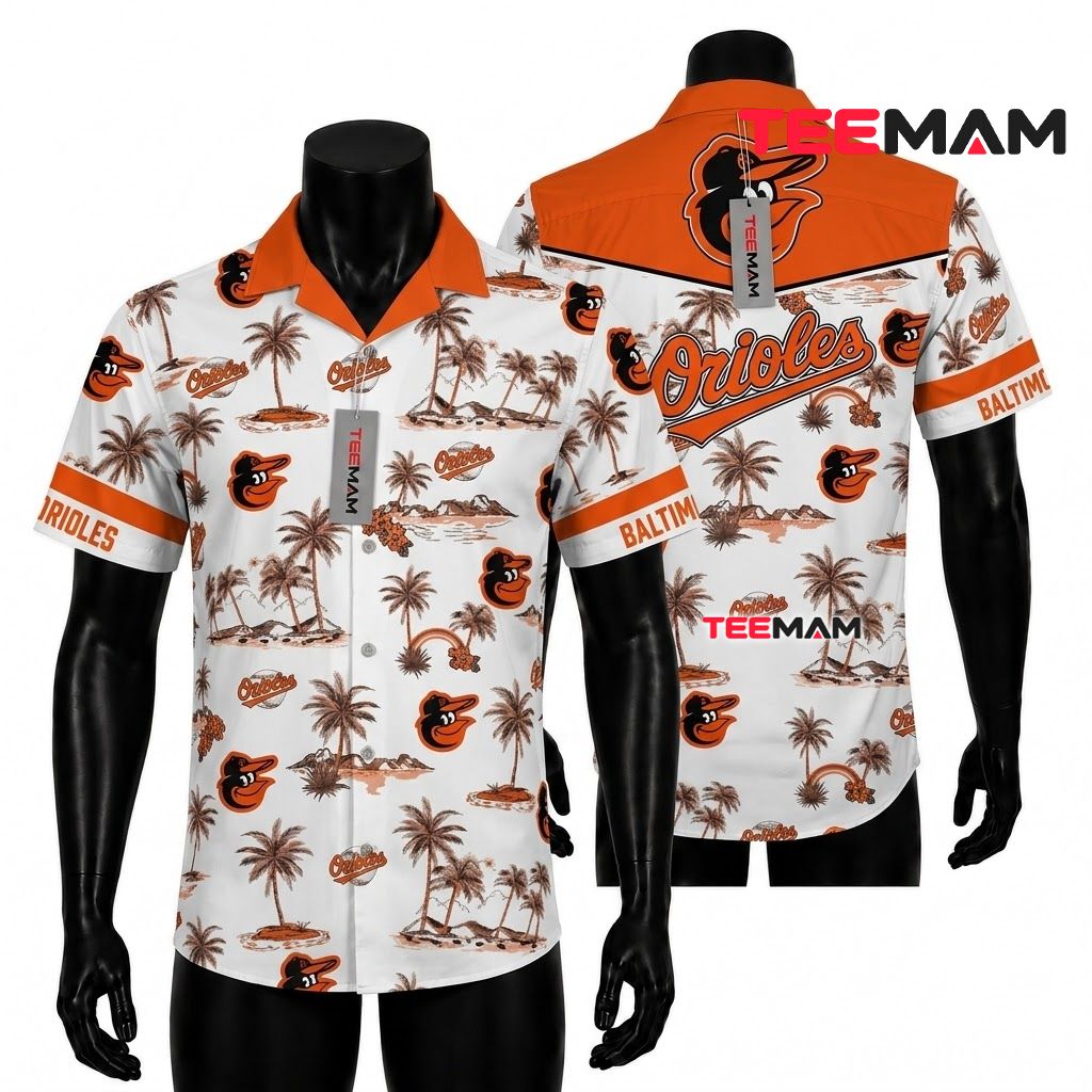 Baltimore Orioles Hawaiian Shirt Island Palm Contrast Yoke Front