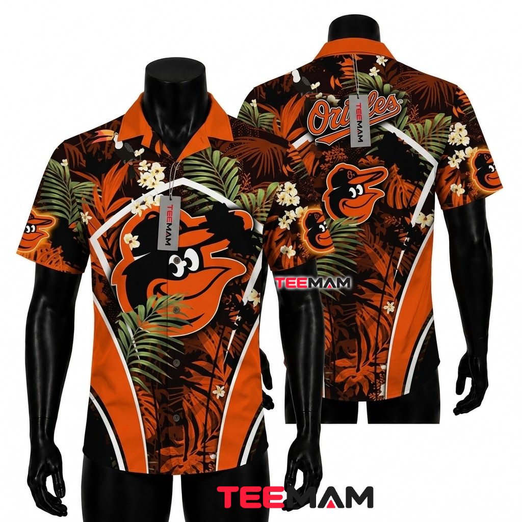 Baltimore Orioles Hawaiian Shirt MLB Jungle Fern Plumeria Front