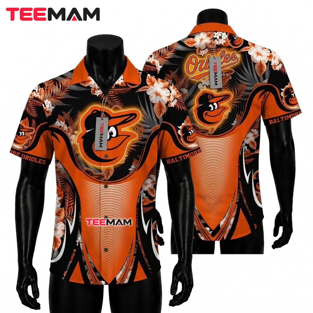 Baltimore Orioles Hawaiian Shirt MLB Neon Glow Dark Hibiscus Front