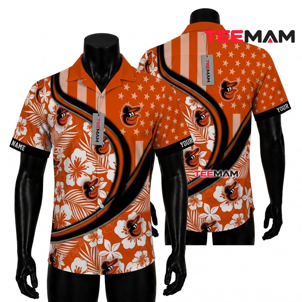 Baltimore Orioles Hawaiian Shirt Personalized Name Hibiscus Pattern Front