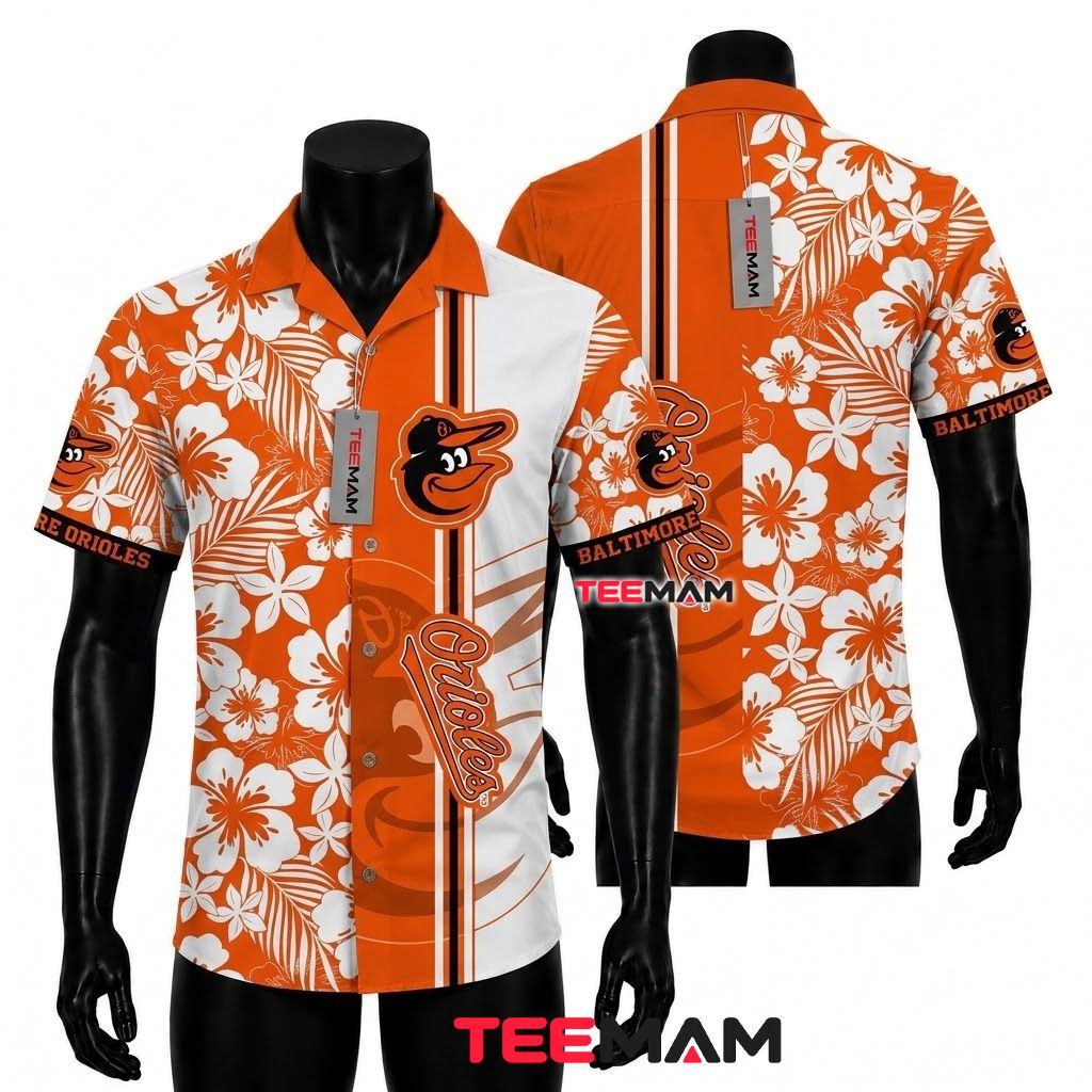 Baltimore Orioles Hawaiian Shirt Split Panel Hibiscus Stripe Front
