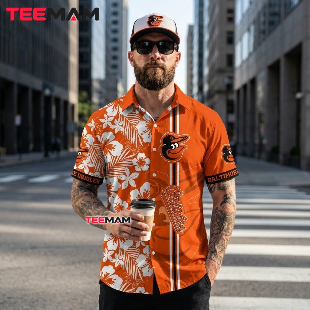 Baltimore Orioles Hawaiian Shirt Split Panel Hibiscus Stripe Back Baltimore Orioles Hawaiian Shirt Split Panel Hibiscus Stripe Back