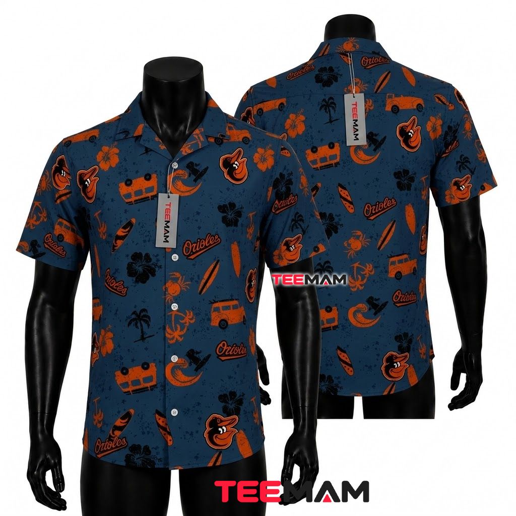 Baltimore Orioles Hawaiian Shirt Surf Crab Beach Wagon Front