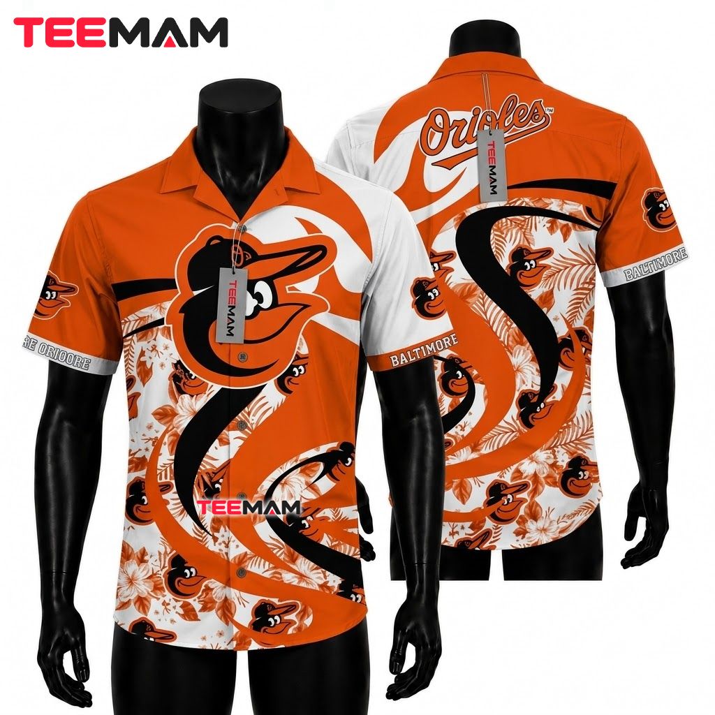 Baltimore Orioles Hawaiian Shirt Swirl Fern Mascot Design Front