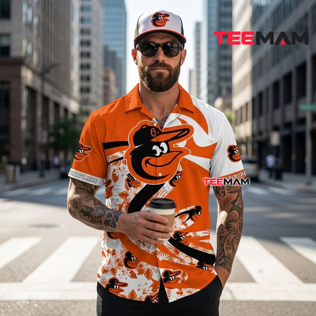 Baltimore Orioles Hawaiian Shirt Swirl Fern Mascot Design Back Baltimore Orioles Hawaiian Shirt Swirl Fern Mascot Design Back