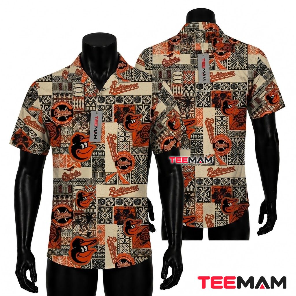 Baltimore Orioles Hawaiian Shirt Tribal Patchwork Turtle Pattern Front
