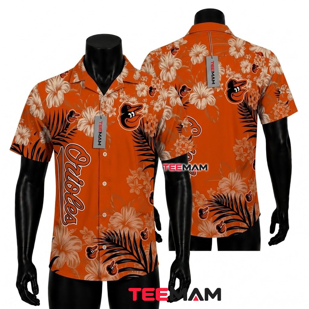 Baltimore Orioles Hawaiian Shirt Vertical Script Fern Hibiscus Front