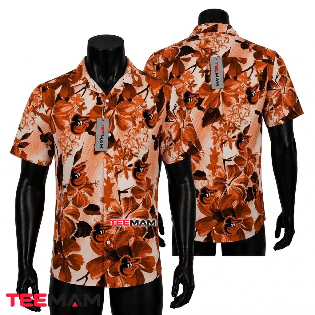 Baltimore Orioles Hawaiian Shirt Watercolor Hibiscus Floral Mascot Front