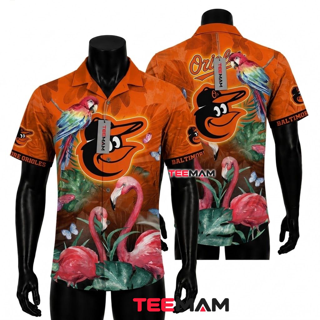 Baltimore Orioles Tropical Shirt MLB Flamingo Macaw Butterfly Front