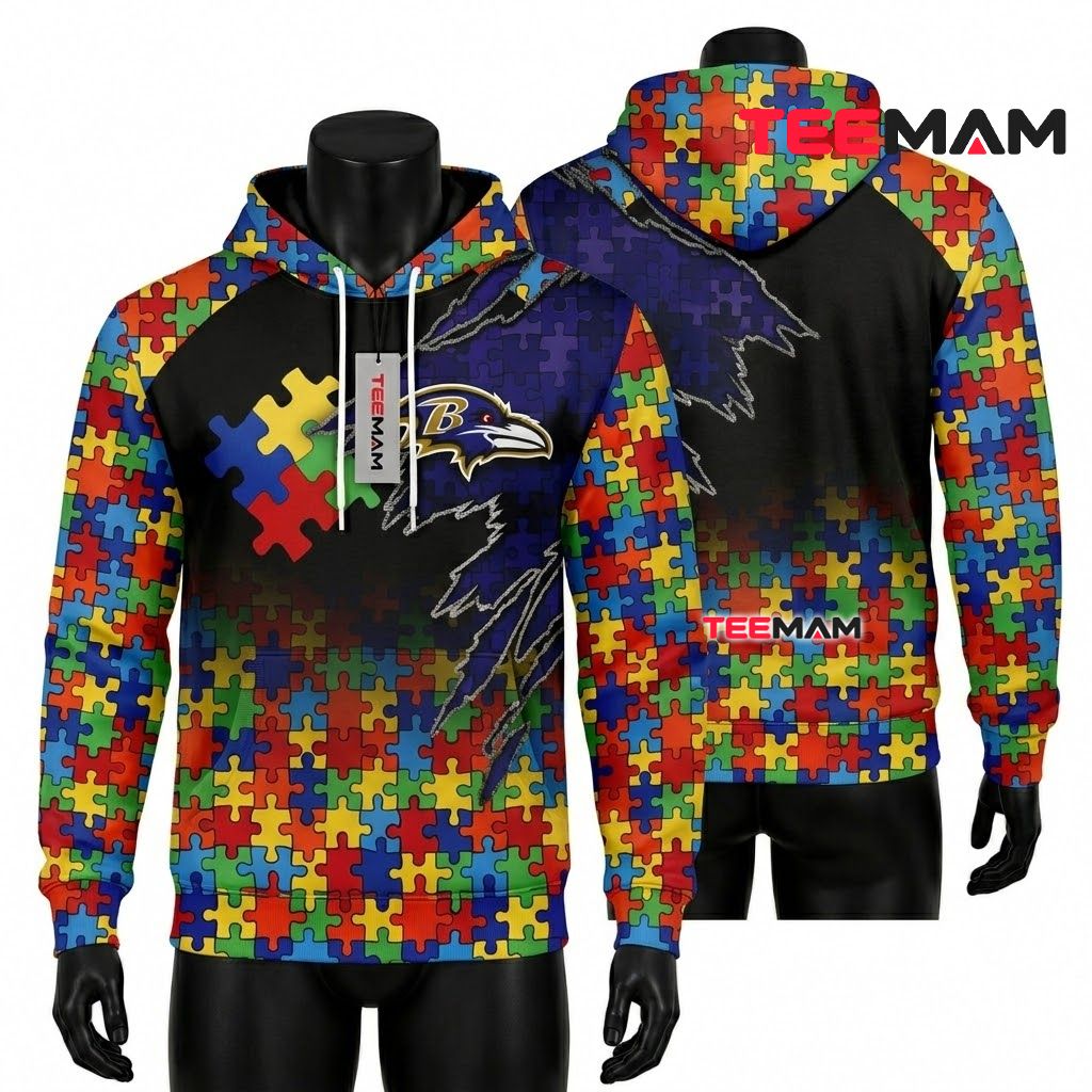 Baltimore Ravens 3D Hoodie Autism Awareness Puzzle Pattern Front