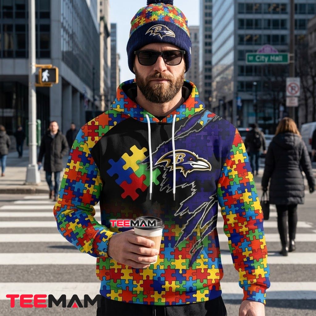 Baltimore Ravens 3D Hoodie Autism Awareness Puzzle Pattern Back Baltimore Ravens 3D Hoodie Autism Awareness Puzzle Pattern Back