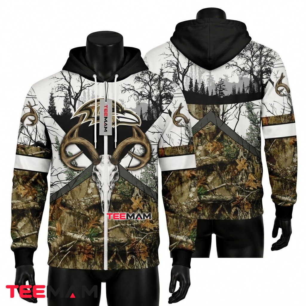 Baltimore Ravens 3D Hoodie Deer Skull Hunting Forest Front