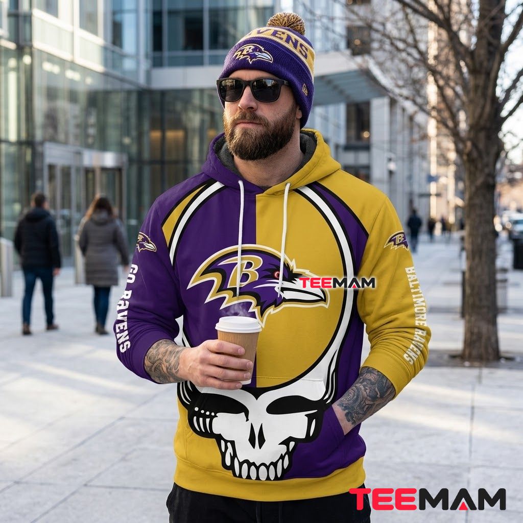 Baltimore Ravens 3D Hoodie Grateful Dead Skull Logo Back Baltimore Ravens 3D Hoodie Grateful Dead Skull Logo Back