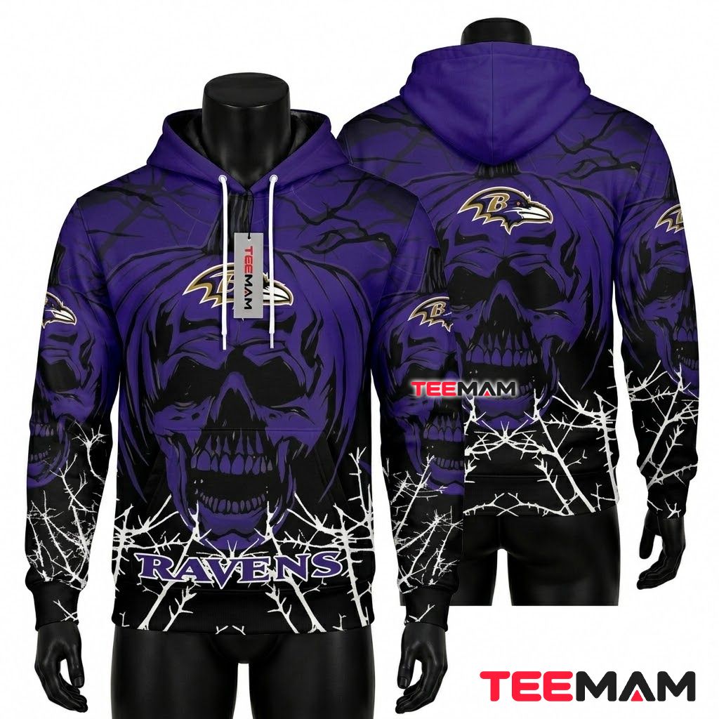 Baltimore Ravens 3D Hoodie Halloween Pumpkin Skull Branches Front