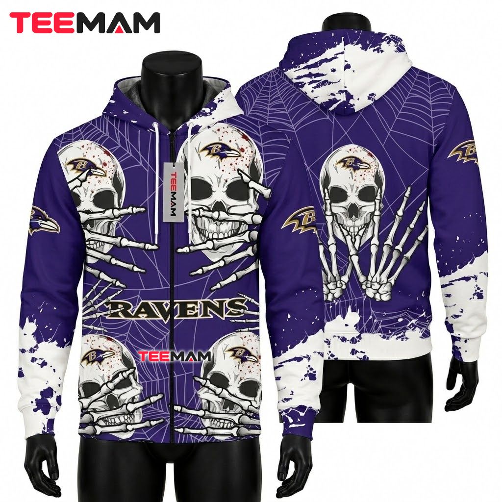 Baltimore Ravens 3D Hoodie Skeleton Hands Spider Web Front