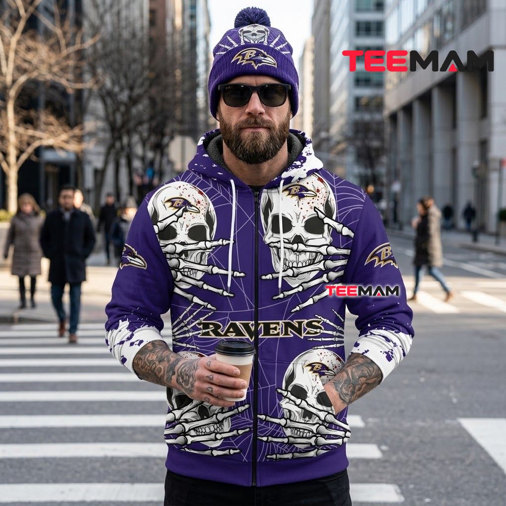 Baltimore Ravens 3D Hoodie Skeleton Hands Spider Web Back Baltimore Ravens 3D Hoodie Skeleton Hands Spider Web Back
