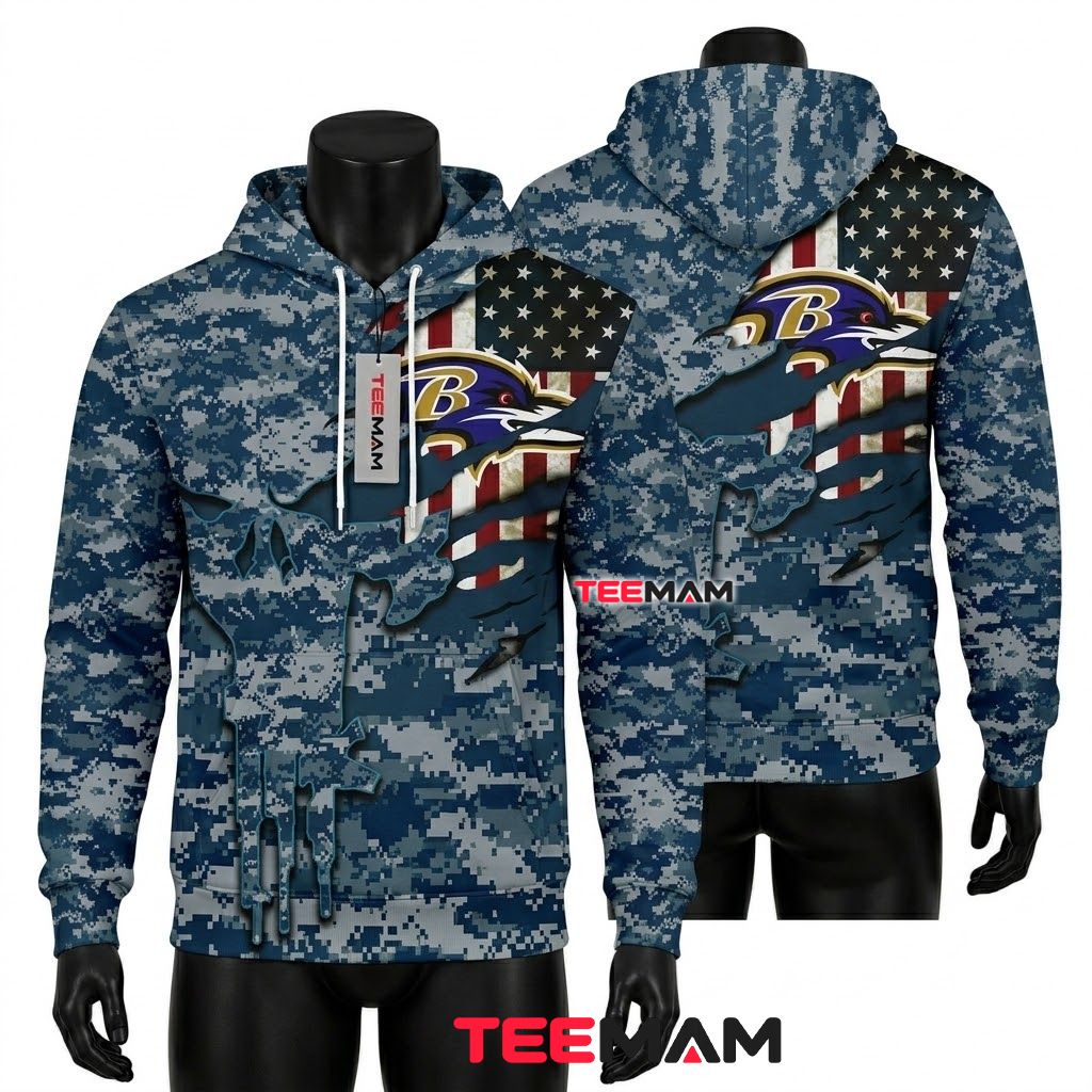 Baltimore Ravens 3D Hoodie Skull Military Camo American Flag Front