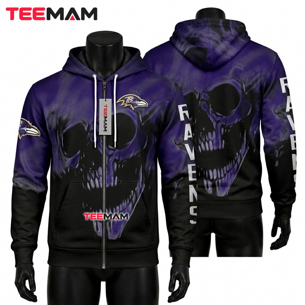 Baltimore Ravens 3D Hoodie Smoke Skull Face Front