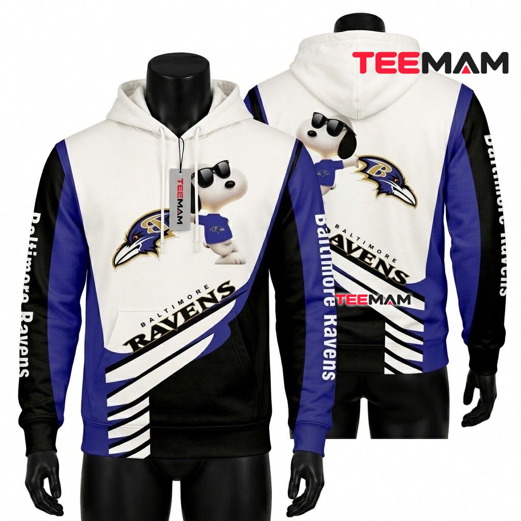 Baltimore Ravens 3D Hoodie Snoopy Sunglasses Stripes Front
