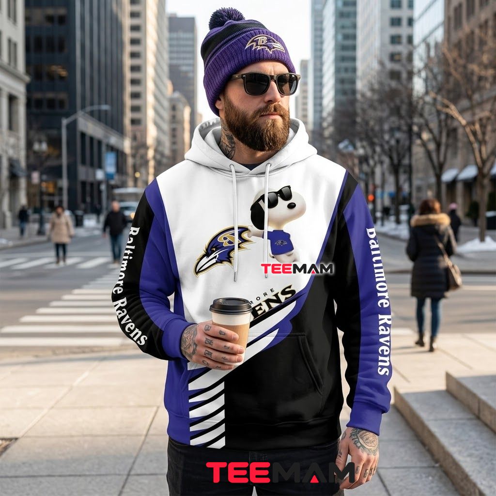 Baltimore Ravens 3D Hoodie Snoopy Sunglasses Stripes Back Baltimore Ravens 3D Hoodie Snoopy Sunglasses Stripes Back