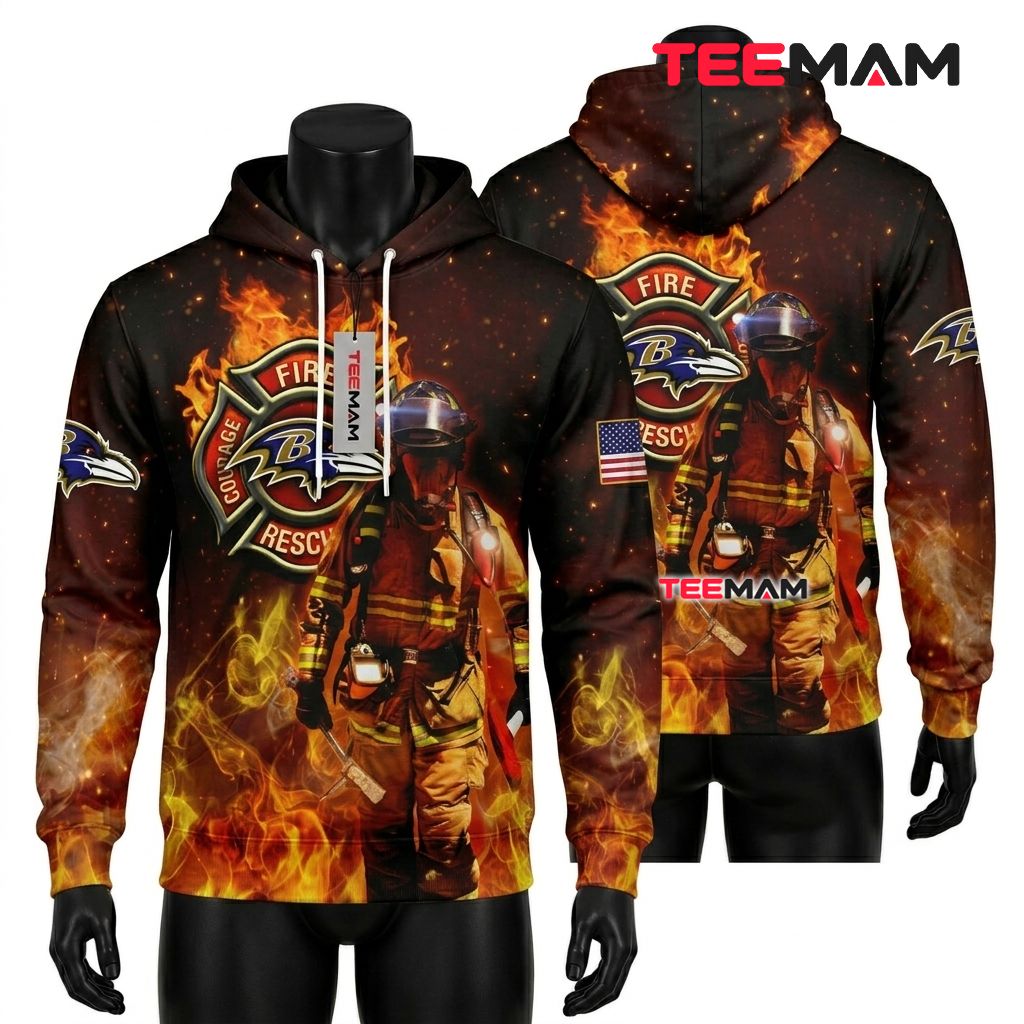 Baltimore Ravens All Over Print 3D Hoodie Firefighter Rescue Badge Front