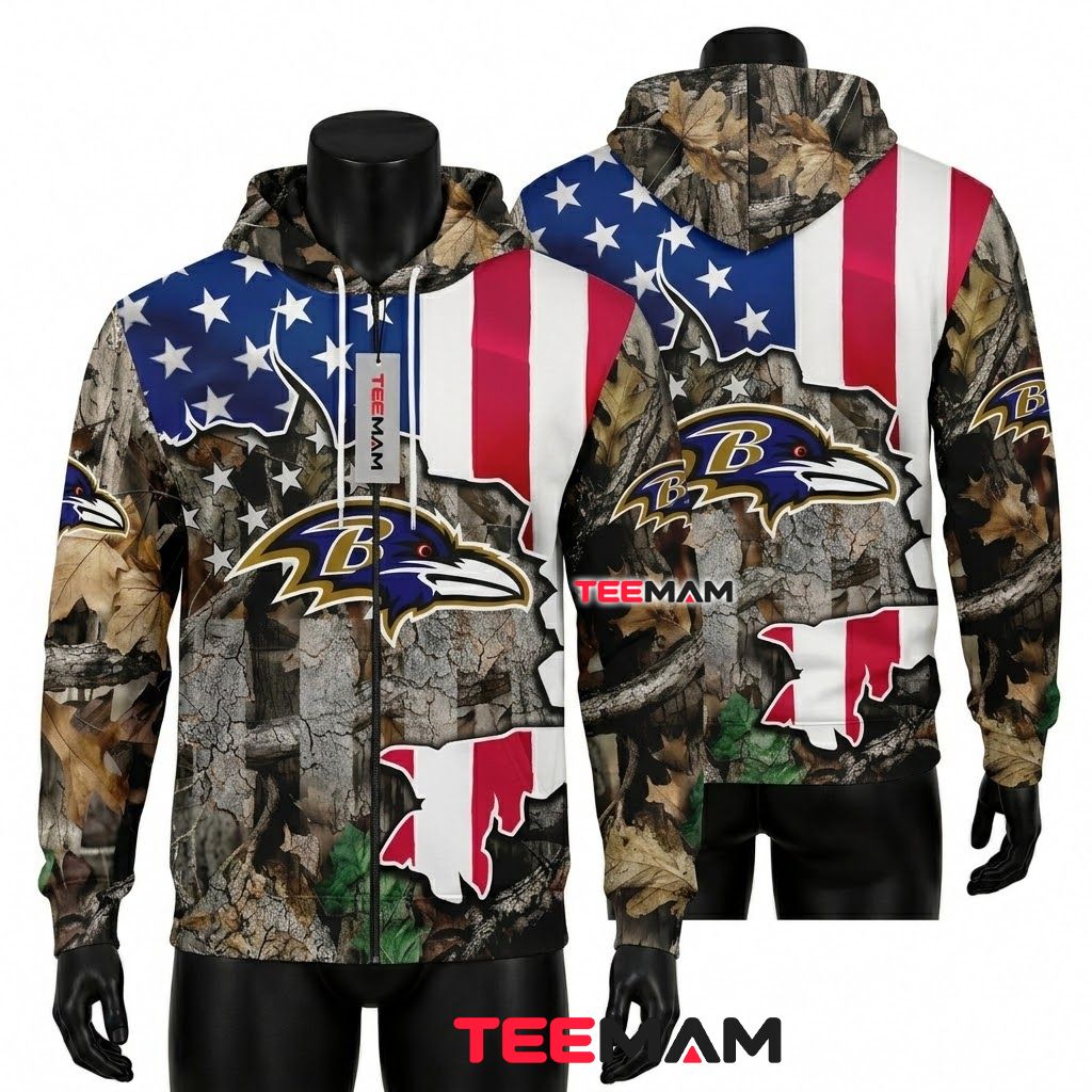 Baltimore Ravens All Over Print 3D Hoodie Realtree Camo American Flag Front