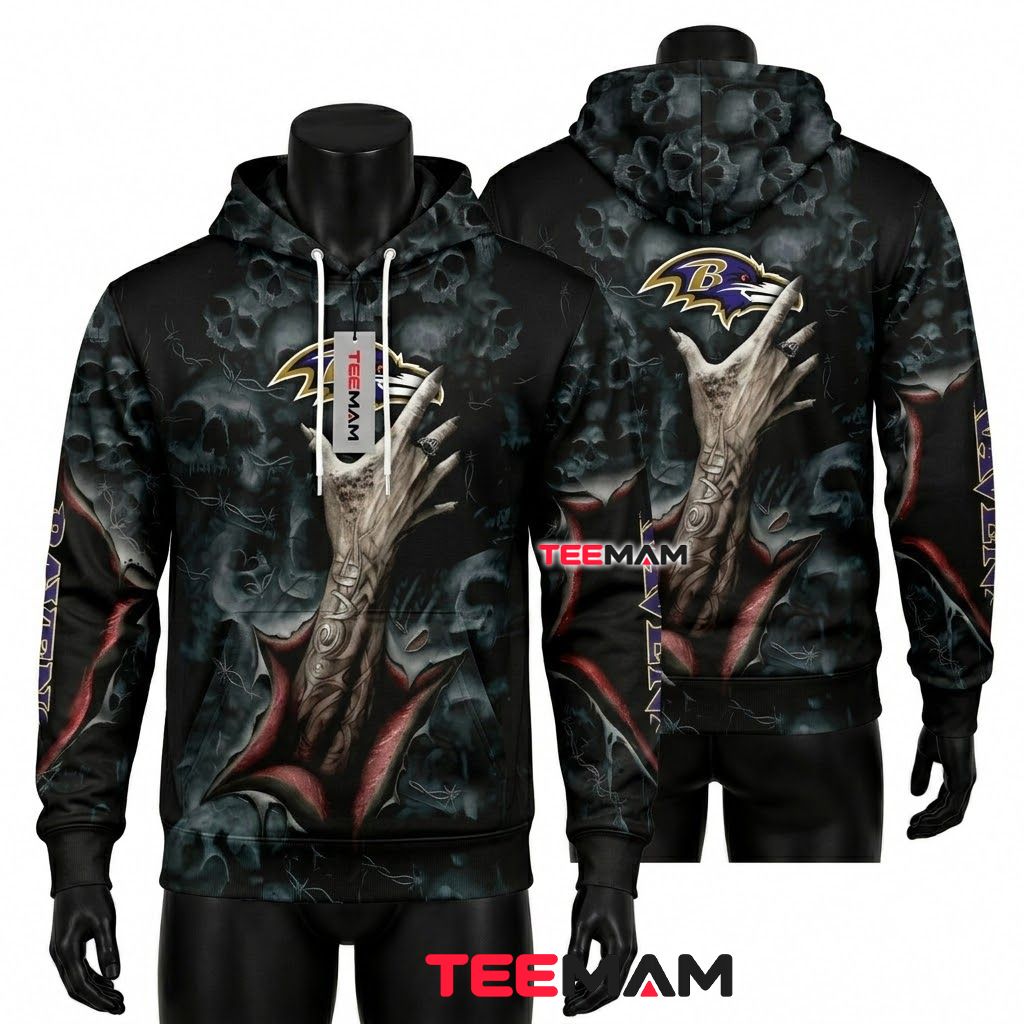 Baltimore Ravens All Over Print 3D Hoodie Skull Rock Hand Gesture Front