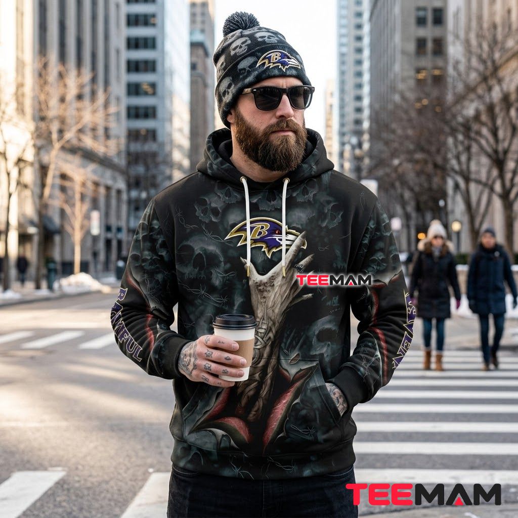 Baltimore Ravens All Over Print 3D Hoodie Skull Rock Hand Gesture Back Baltimore Ravens All Over Print 3D Hoodie Skull Rock Hand Gesture Back