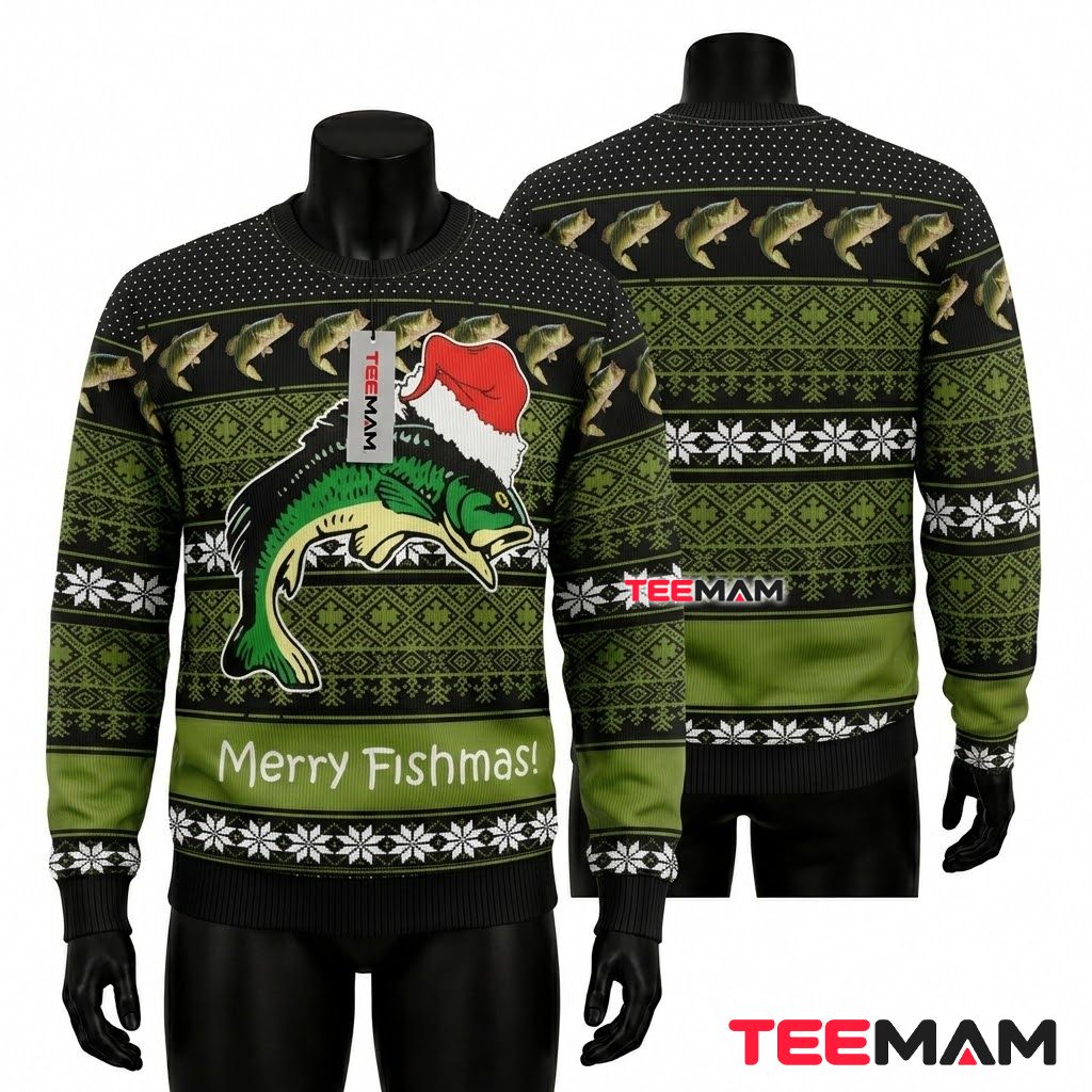 Bass Fish Ugly Christmas Sweater Merry Fishmas Front