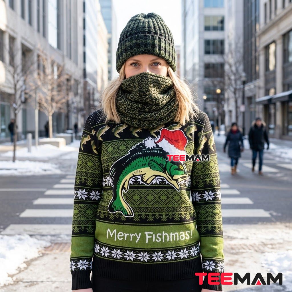 Bass Fish Ugly Christmas Sweater Merry Fishmas Back Bass Fish Ugly Christmas Sweater Merry Fishmas Back