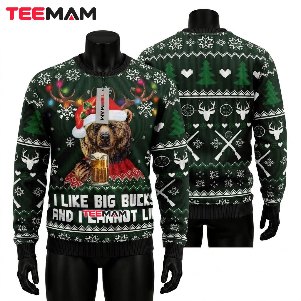 Bear Ugly Christmas Sweater Big Bucks Funny Front