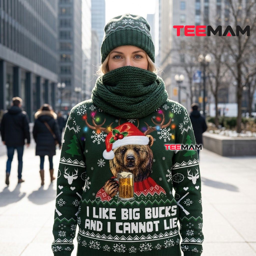 Bear Ugly Christmas Sweater Big Bucks Funny Back Bear Ugly Christmas Sweater Big Bucks Funny Back