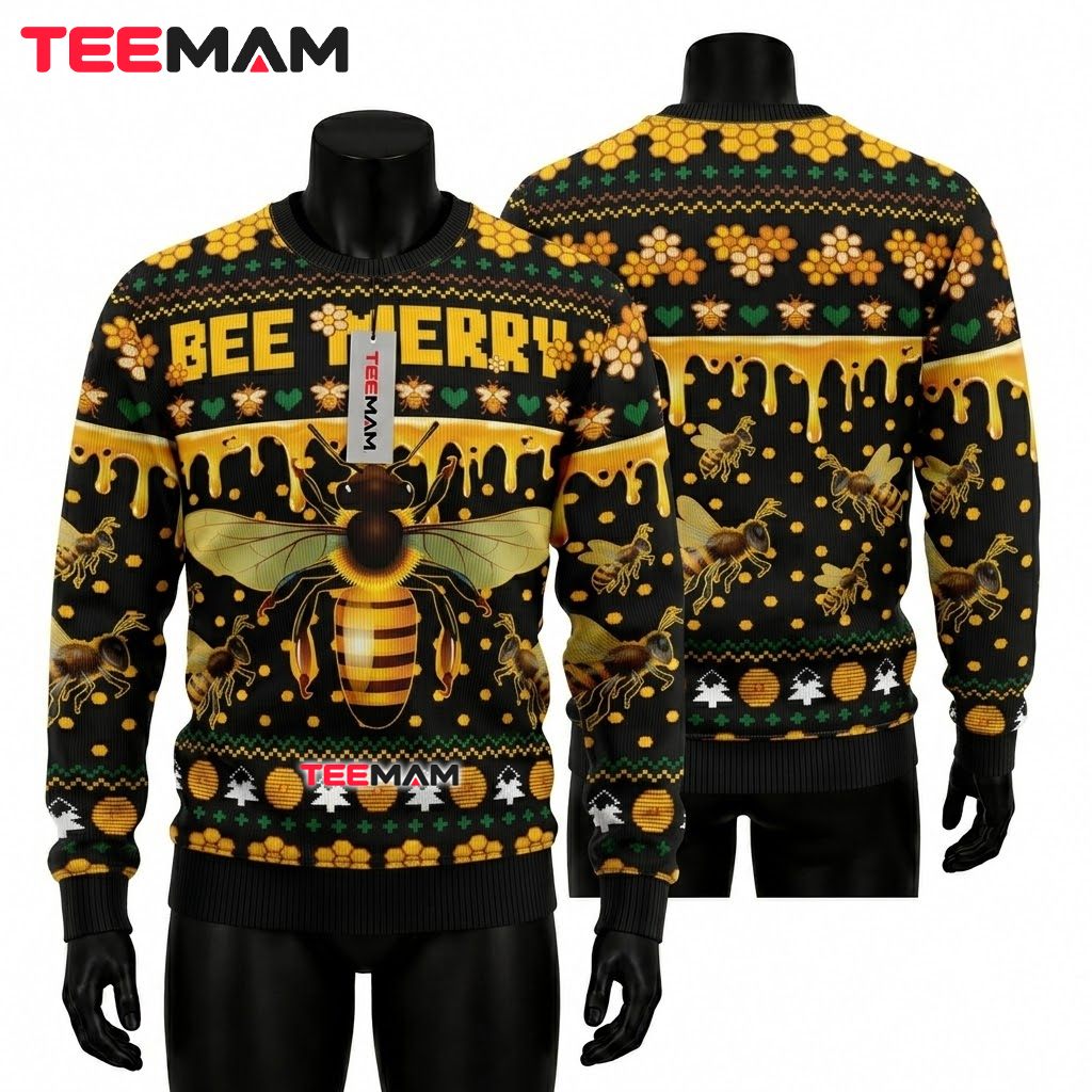 Bee Ugly Christmas Sweater Bee Merry Honey Front
