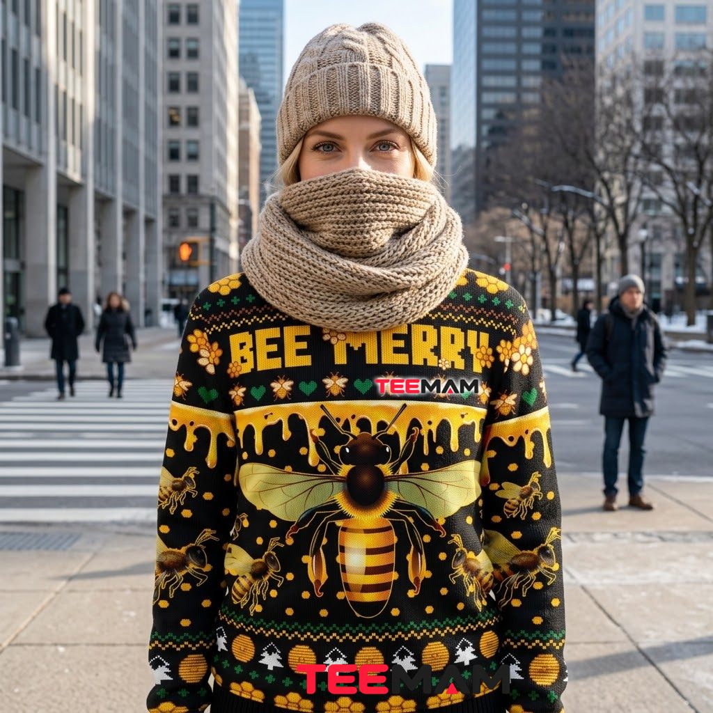 Bee Ugly Christmas Sweater Bee Merry Honey Back Bee Ugly Christmas Sweater Bee Merry Honey Back