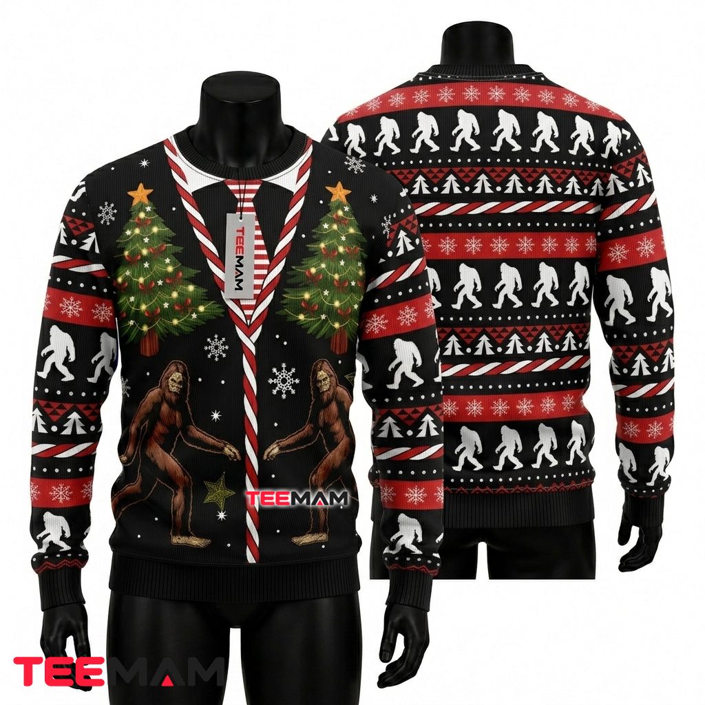 Bigfoot Ugly Christmas Sweater Candy Cane Tie Front