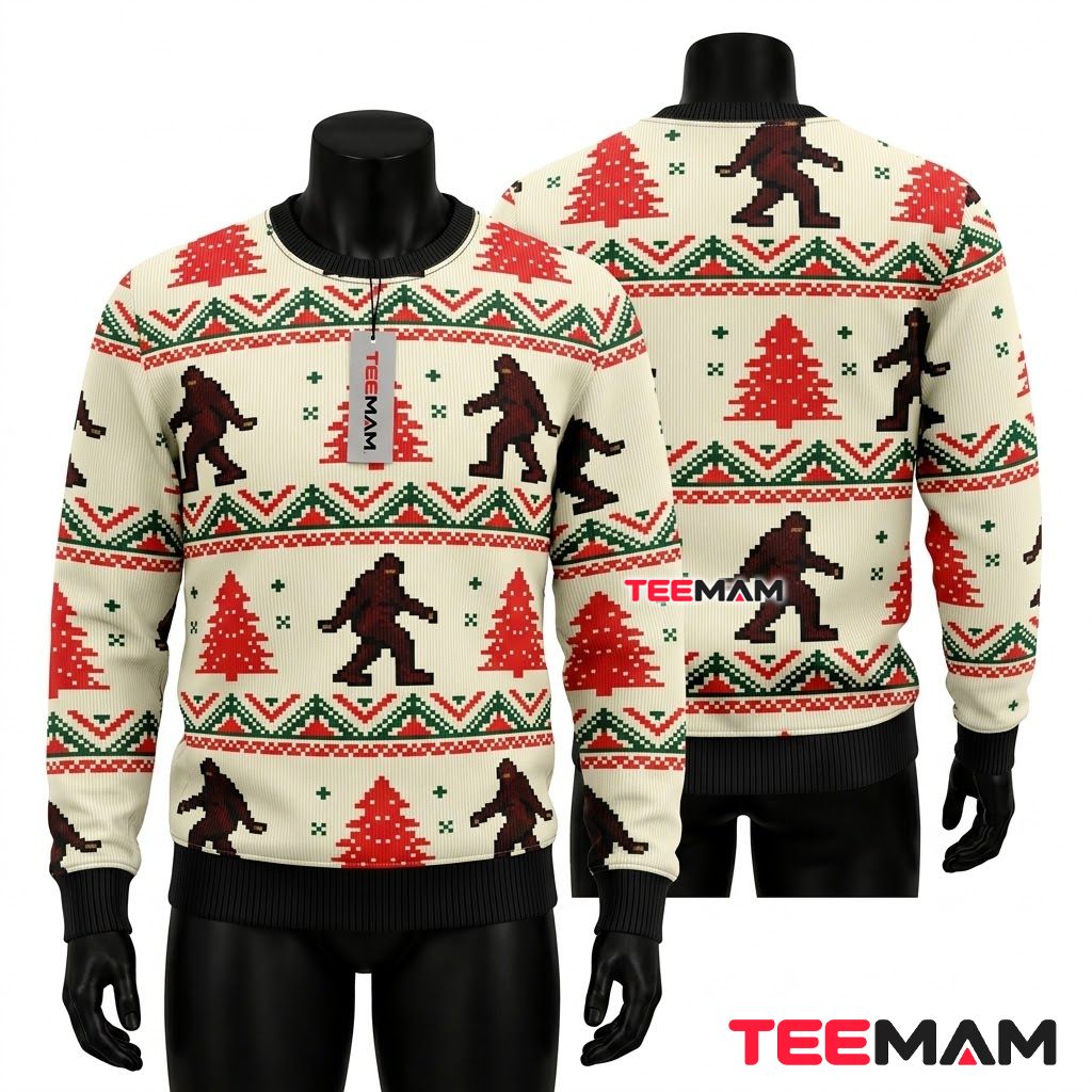 Bigfoot Ugly Christmas Sweater Retro Pixel Pattern Front