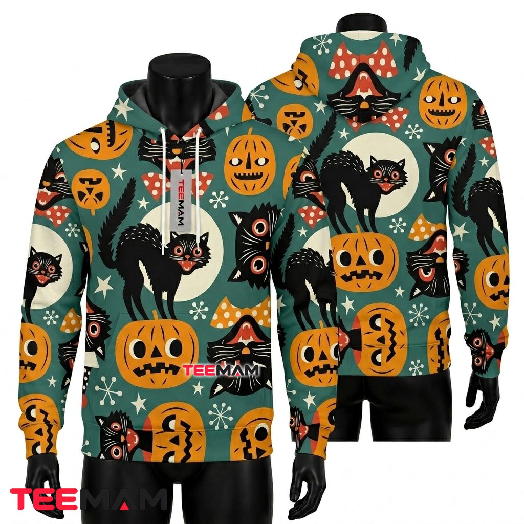 Black Cat 3D Hoodie Vintage Pumpkin Halloween Design Front