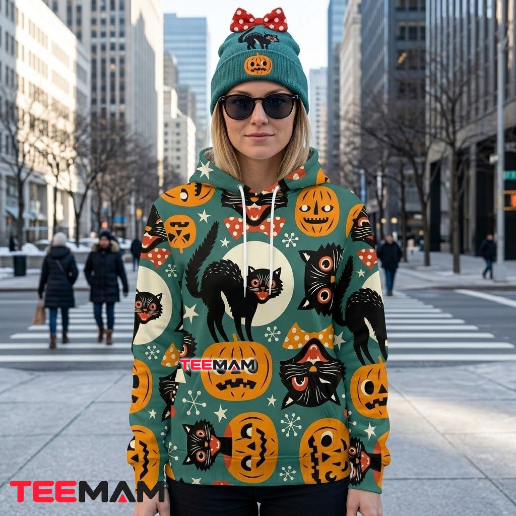 Black Cat 3D Hoodie Vintage Pumpkin Halloween Design Back Black Cat 3D Hoodie Vintage Pumpkin Halloween Design Back