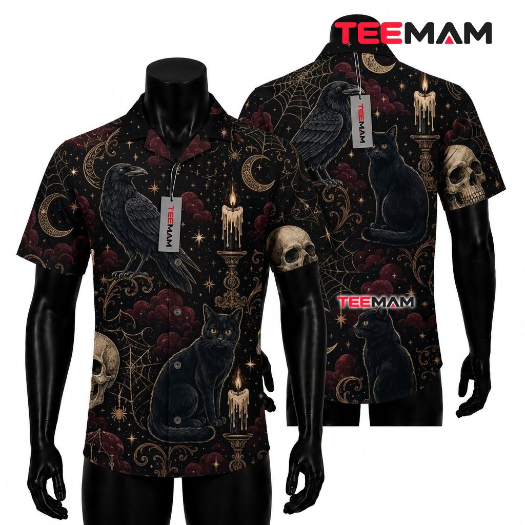 Black Cat Raven Spooky Halloween Scene Hawaiian Shirt