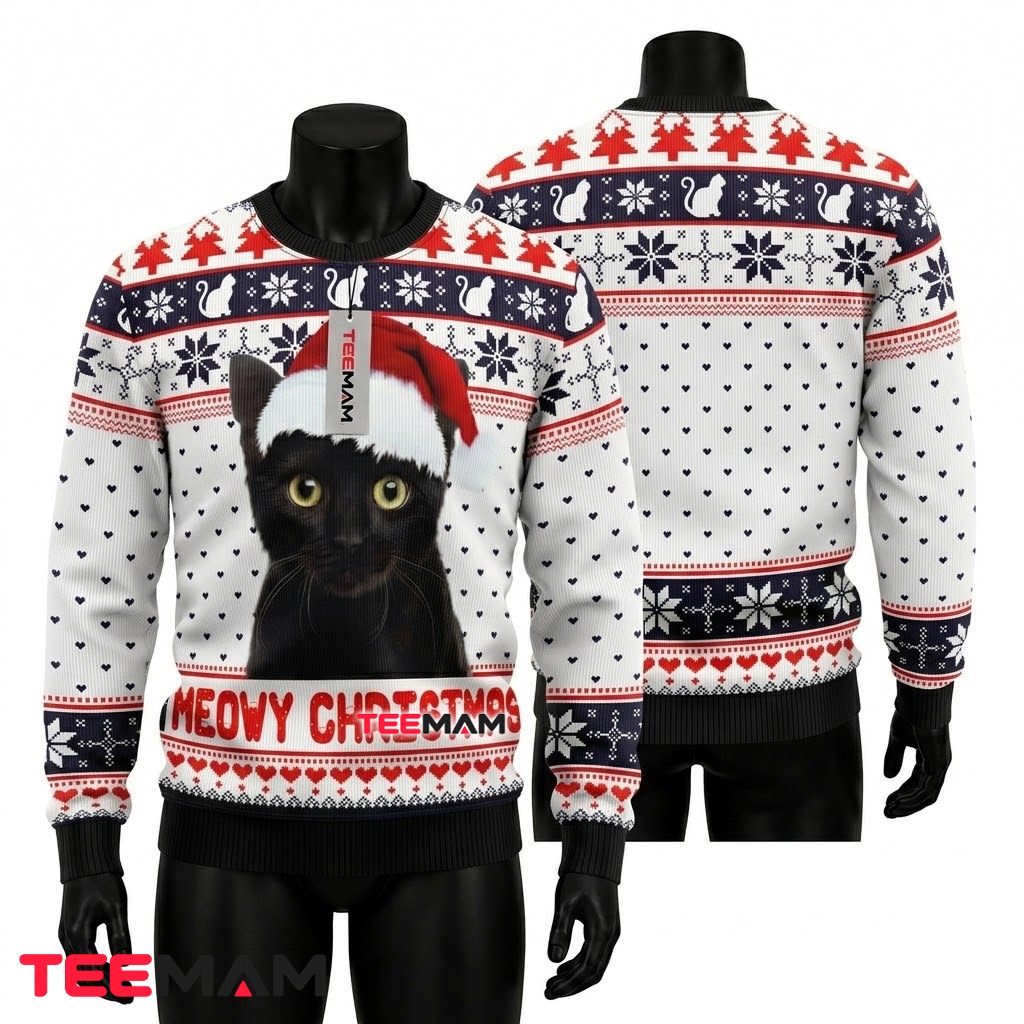 Black Cat Ugly Christmas Sweater Meowy Heart Front