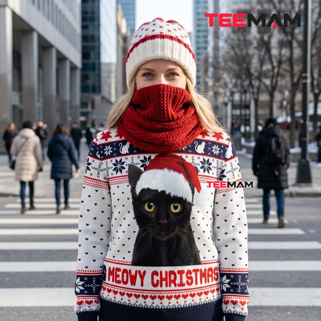 Black Cat Ugly Christmas Sweater Meowy Heart Back Black Cat Ugly Christmas Sweater Meowy Heart Back
