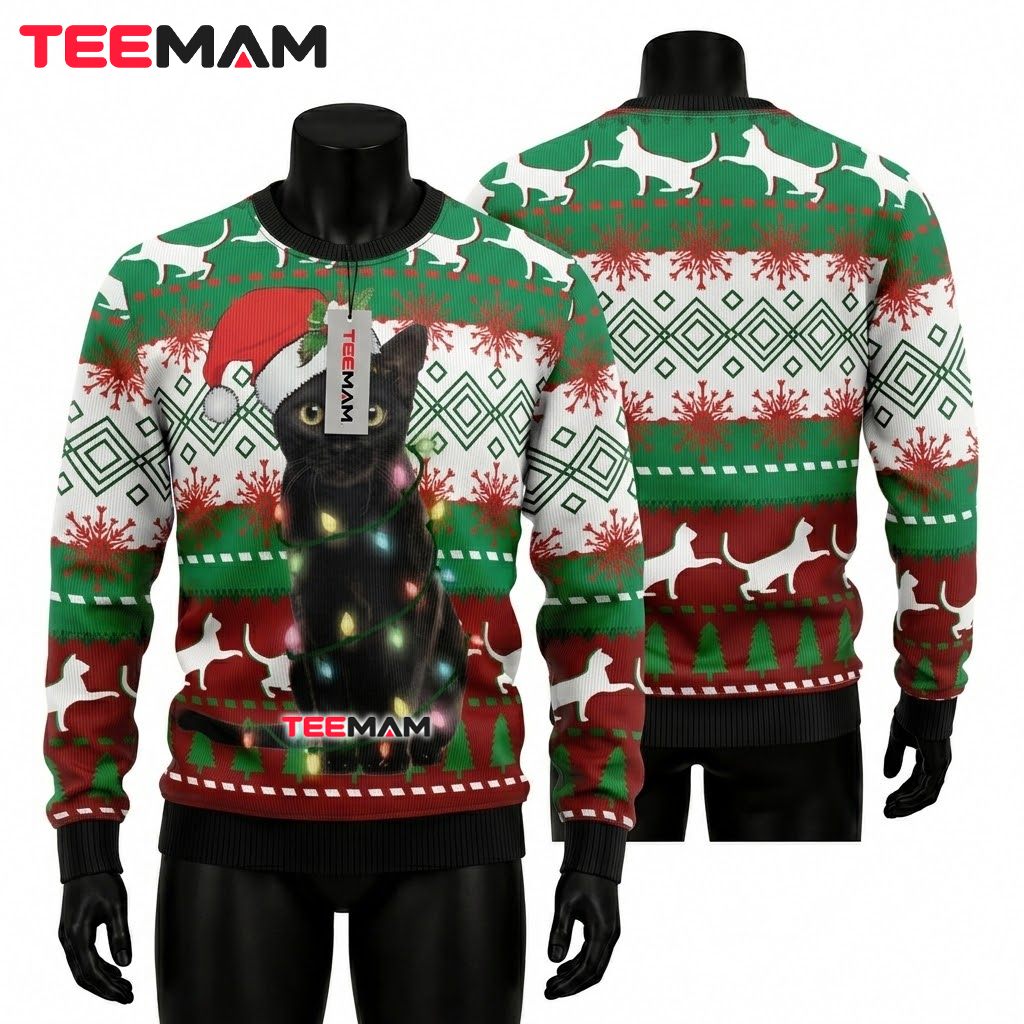 Black Cat Ugly Christmas Sweater String Lights Santa Front