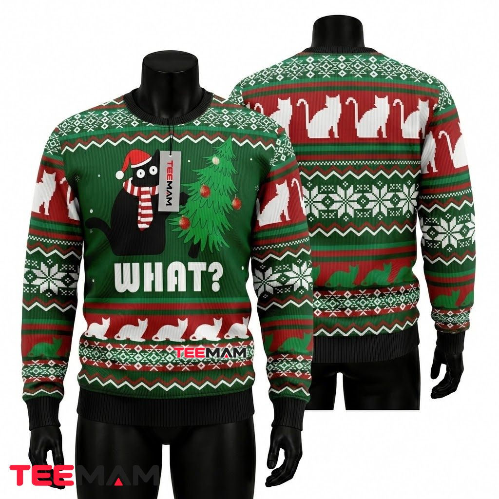 Black Cat Ugly Christmas Sweater What Funny Front